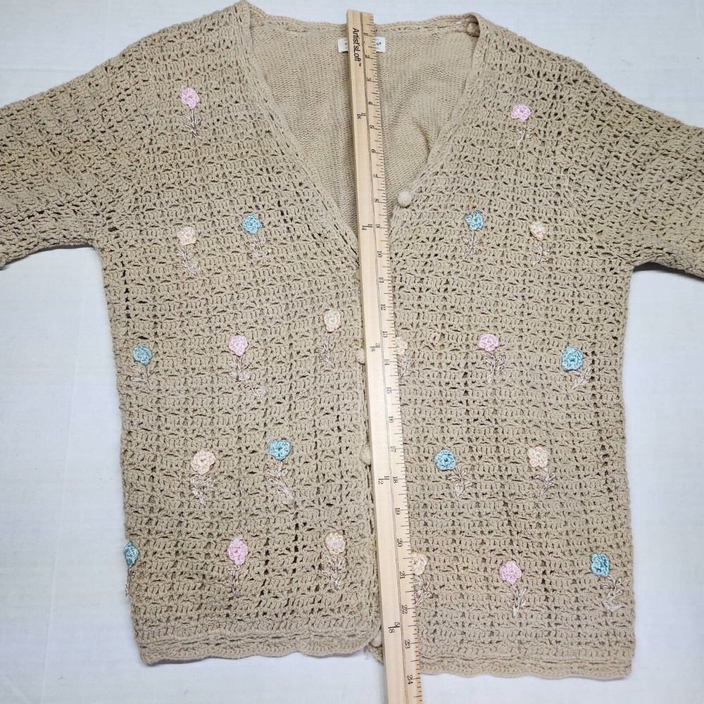 70's Granny Grandma Open Knit Crochet Brown Cardigan Size Large Flowers - Picture 5 of 7